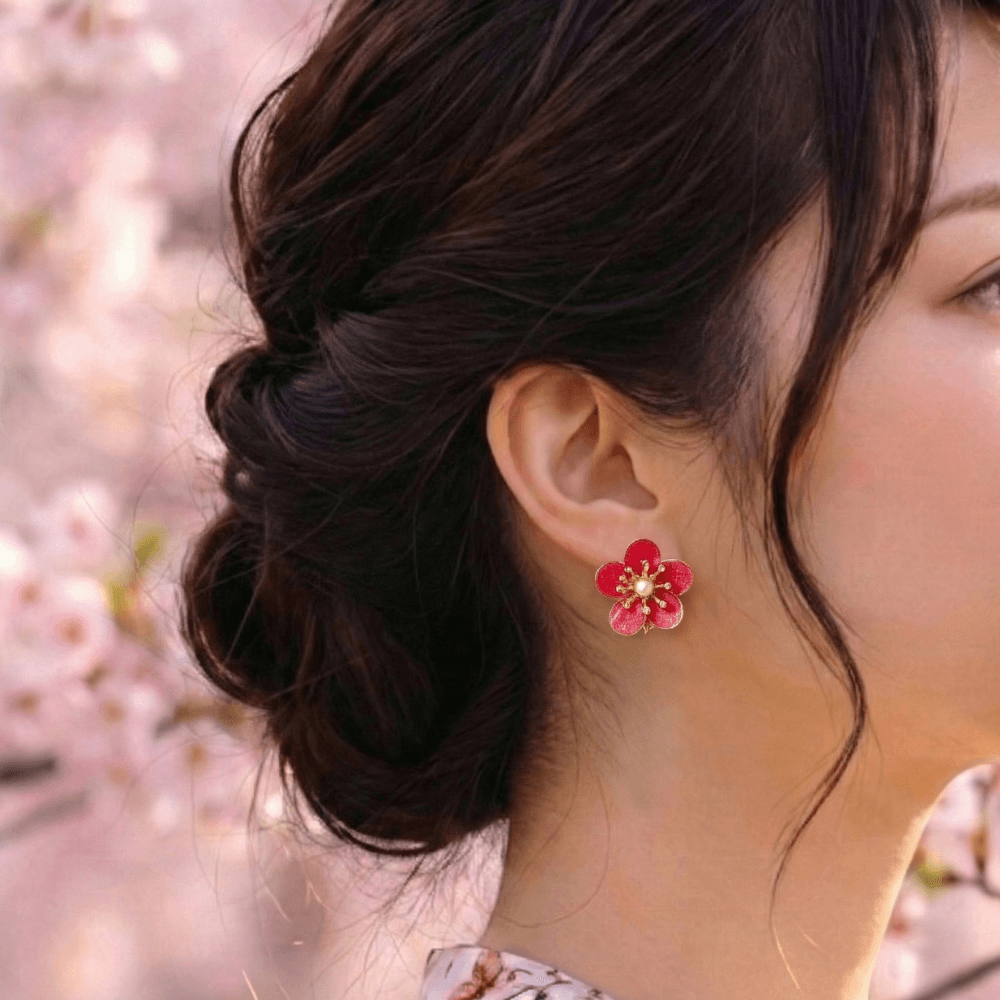 【梅】2wayイヤリング ニッケルフリー 金属アレルギー対応 受注生産 揺れる 赤 大人可愛い ギフト 春の新作 | 5枚目